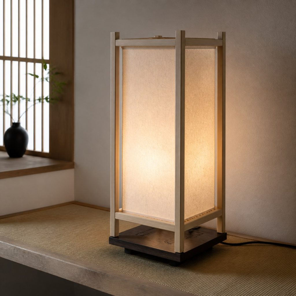 Minimal Ash Tower Lamp shown as a square photorealistic original Japanese-inspired wooden lamp with warm LED light and visible real wood grain