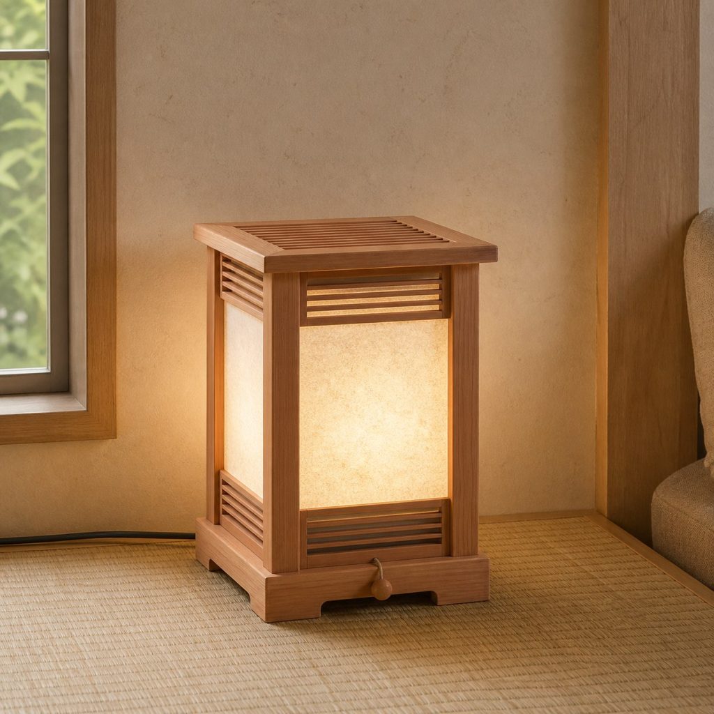 Low Cedar Bedside Lamp shown as a square photorealistic original Japanese-inspired wooden lamp with warm LED light and visible real wood grain