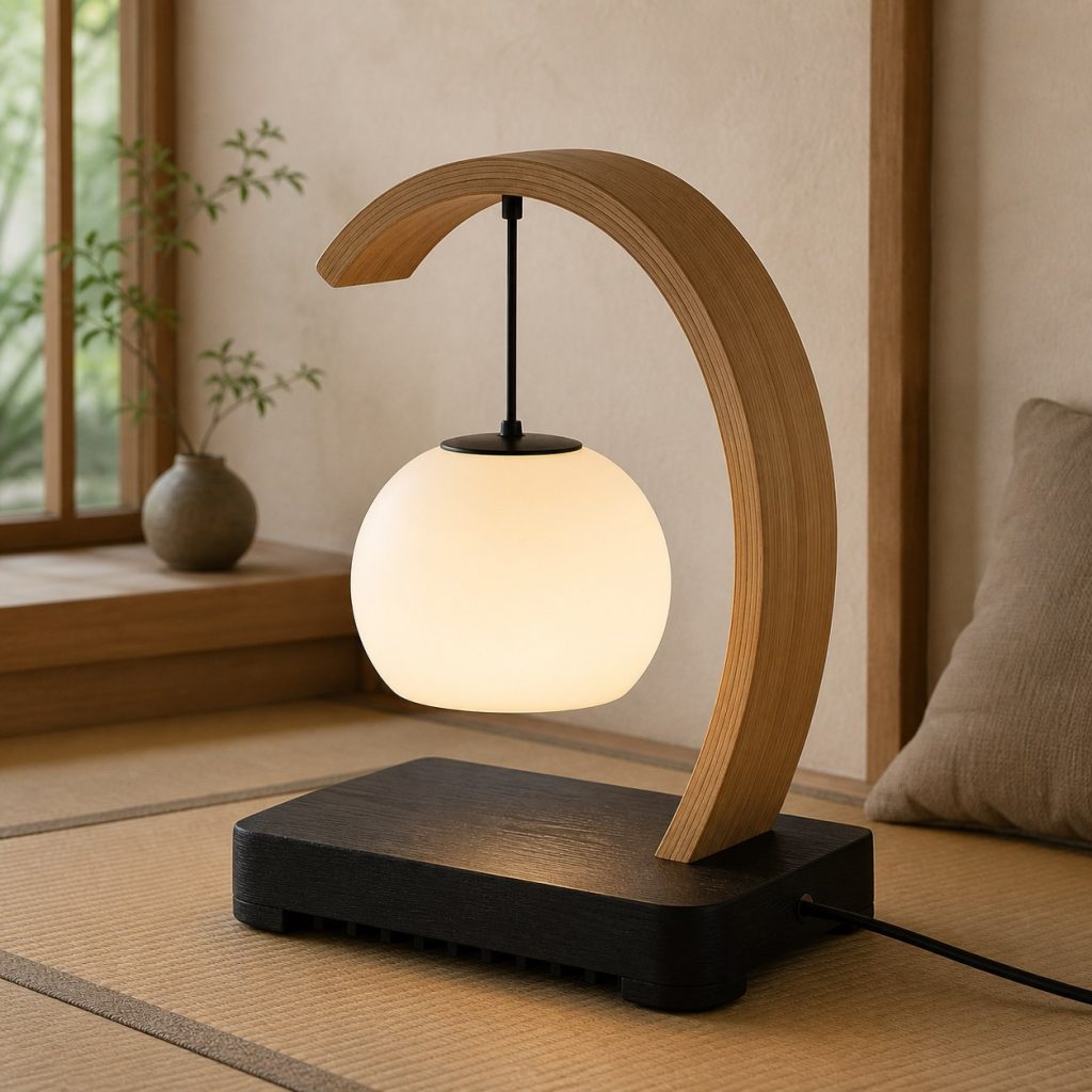 Bamboo-Laminated Arch Lamp shown as a square photorealistic original Japanese-inspired wooden lamp with warm LED light and visible real wood grain