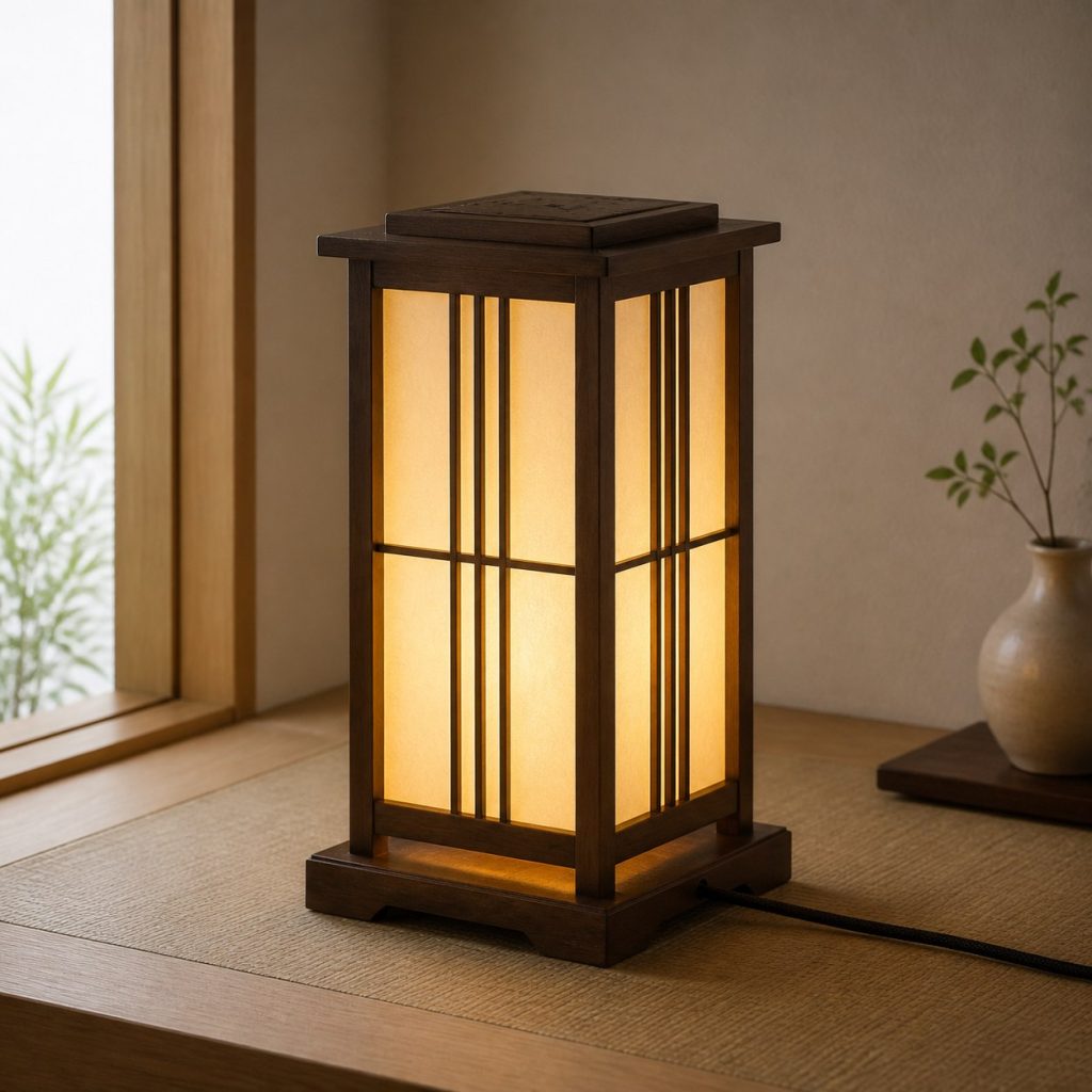 Andon-Inspired Dark-Oak Lantern shown as a square photorealistic original Japanese-inspired wooden lamp with warm LED light and visible real wood grain