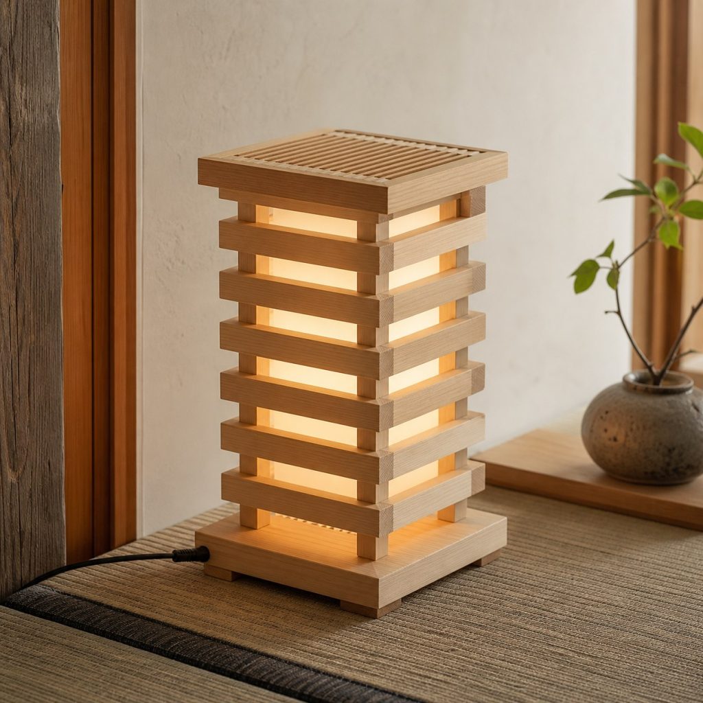 Stacked Hinoki-Look Slat Lamp shown as a square photorealistic original Japanese-inspired wooden lamp with warm LED light and visible real wood grain