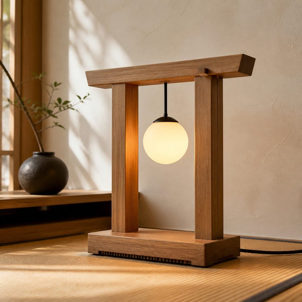 Abstract Torii-Form Lamp shown as a square photorealistic original Japanese-inspired wooden lamp with warm LED light and visible real wood grain