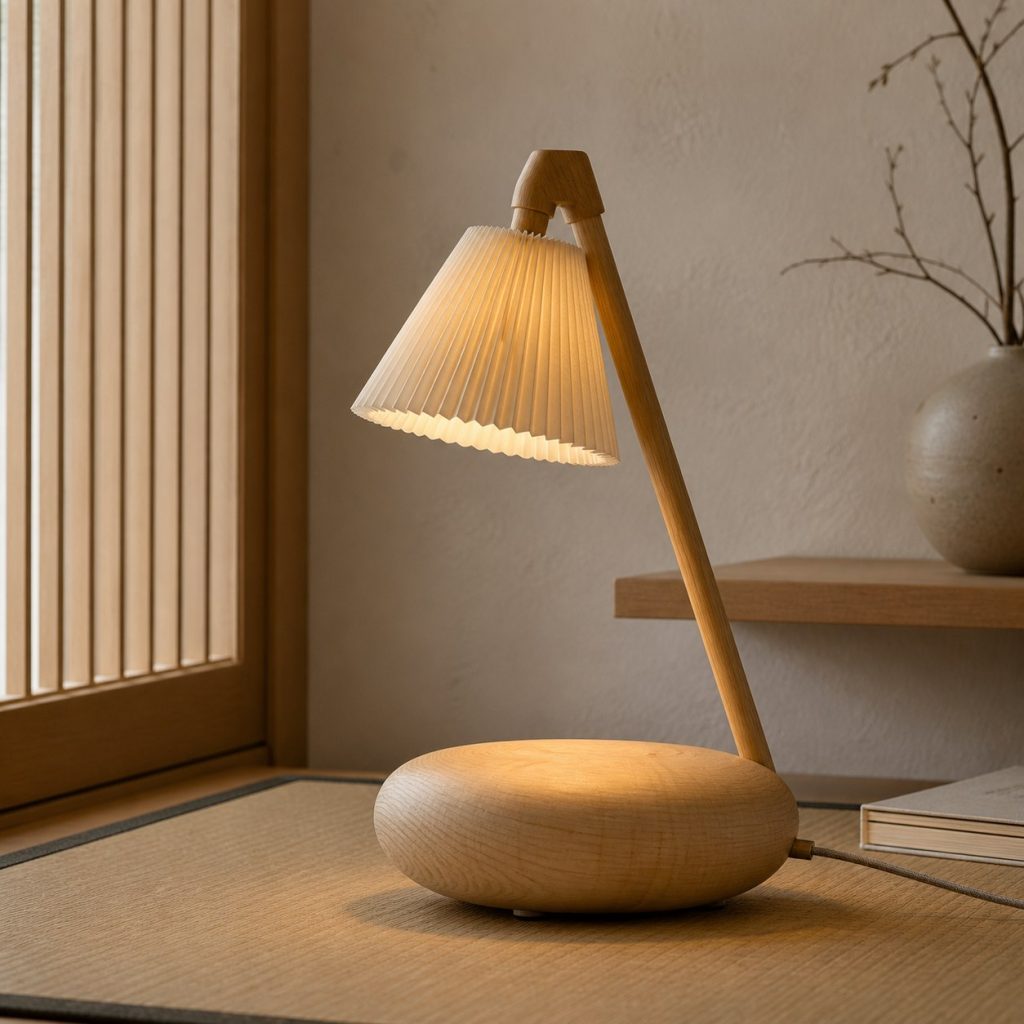 Pebble-Base Maple Lamp shown as a square photorealistic original Japanese-inspired wooden lamp with warm LED light and visible real wood grain