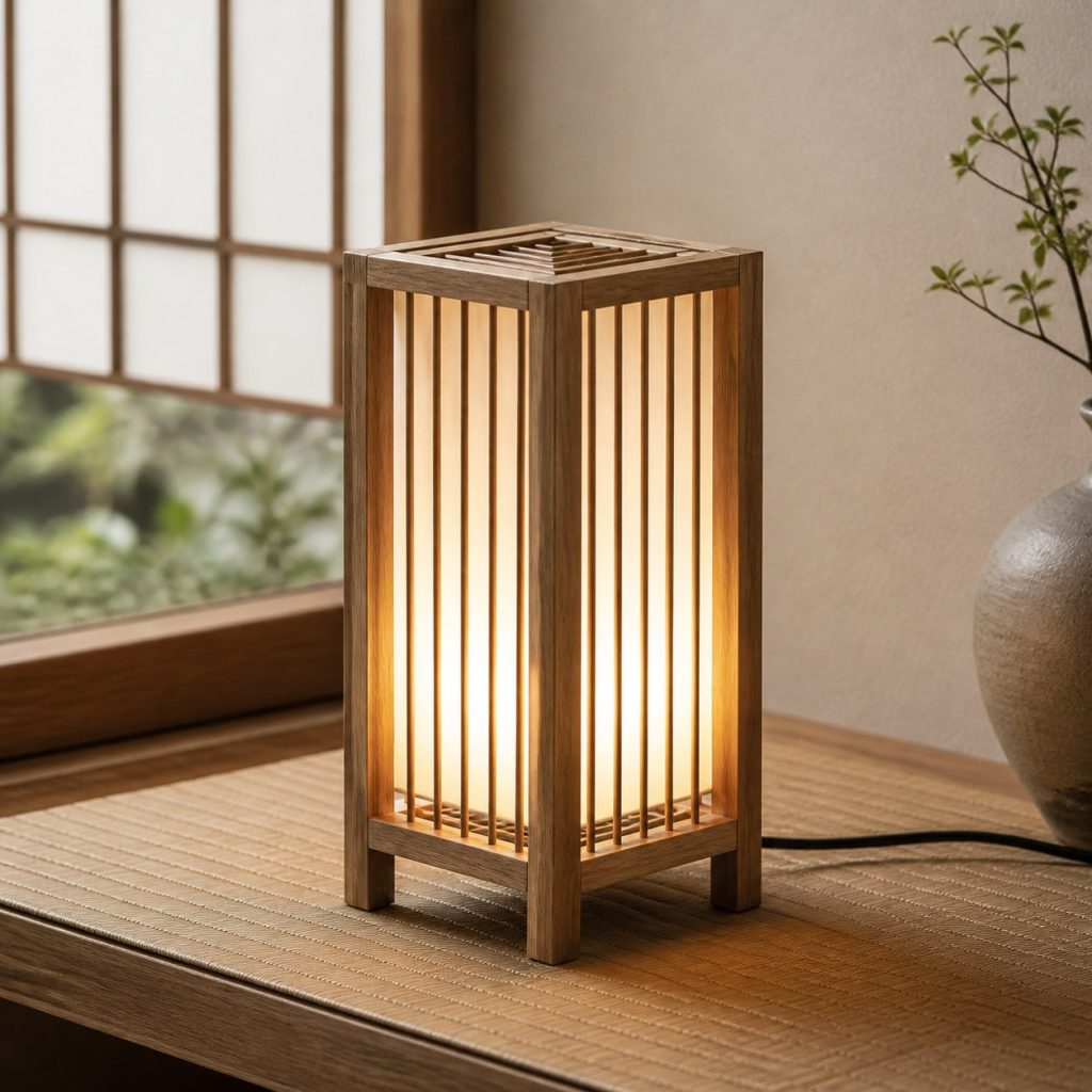 Tall Oak Table Lantern shown as a square photorealistic original Japanese-inspired wooden lamp with warm LED light and visible real wood grain
