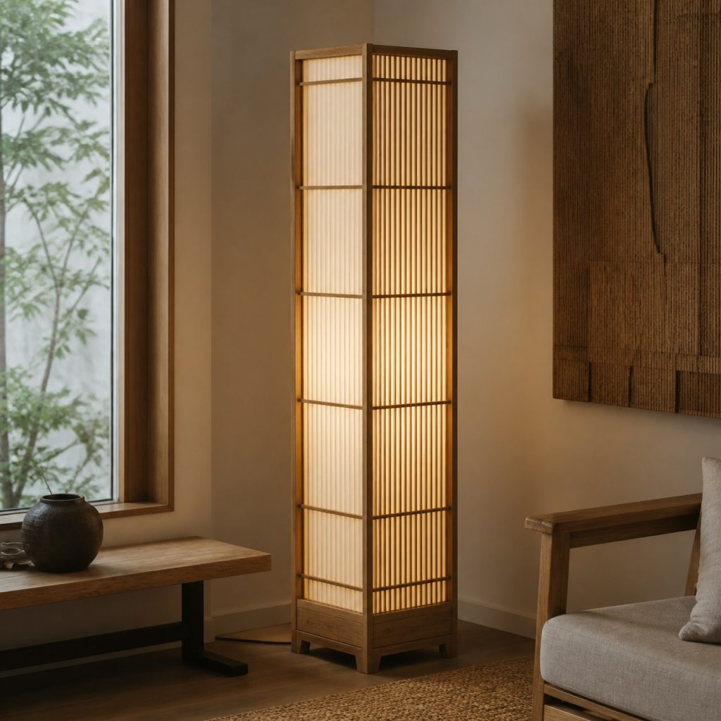 Tall Oak Shoji Floor Lamp shown as an original square photorealistic Japanese-inspired shoji wood lamp with authentic wood texture, warm diffused light, and a short dark power cord