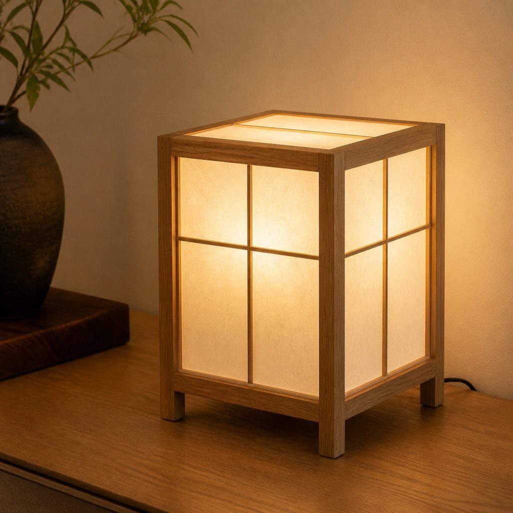 Compact Shoji Bedside Lamp shown as an original square photorealistic Japanese-inspired shoji wood lamp with authentic wood texture, warm diffused light, and a short dark power cord