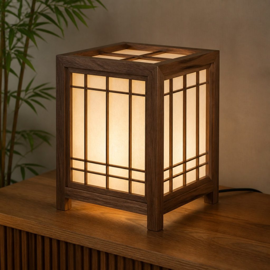 Walnut Shoji Lantern shown as an original square photorealistic Japanese-inspired shoji wood lamp with authentic wood texture, warm diffused light, and a short dark power cord