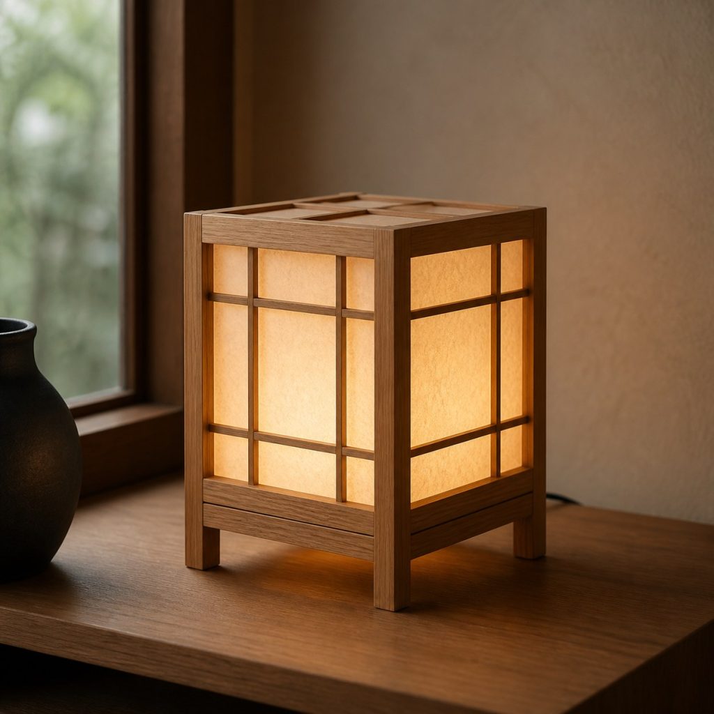 Minimal Ash Shoji Desk Lamp shown as an original square photorealistic Japanese-inspired shoji wood lamp with authentic wood texture, warm diffused light, and a short dark power cord