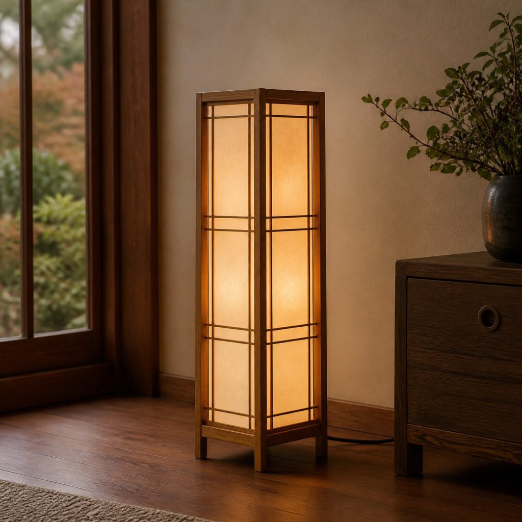 Slender Shoji Column Lamp shown as an original square photorealistic Japanese-inspired shoji wood lamp with authentic wood texture, warm diffused light, and a short dark power cord