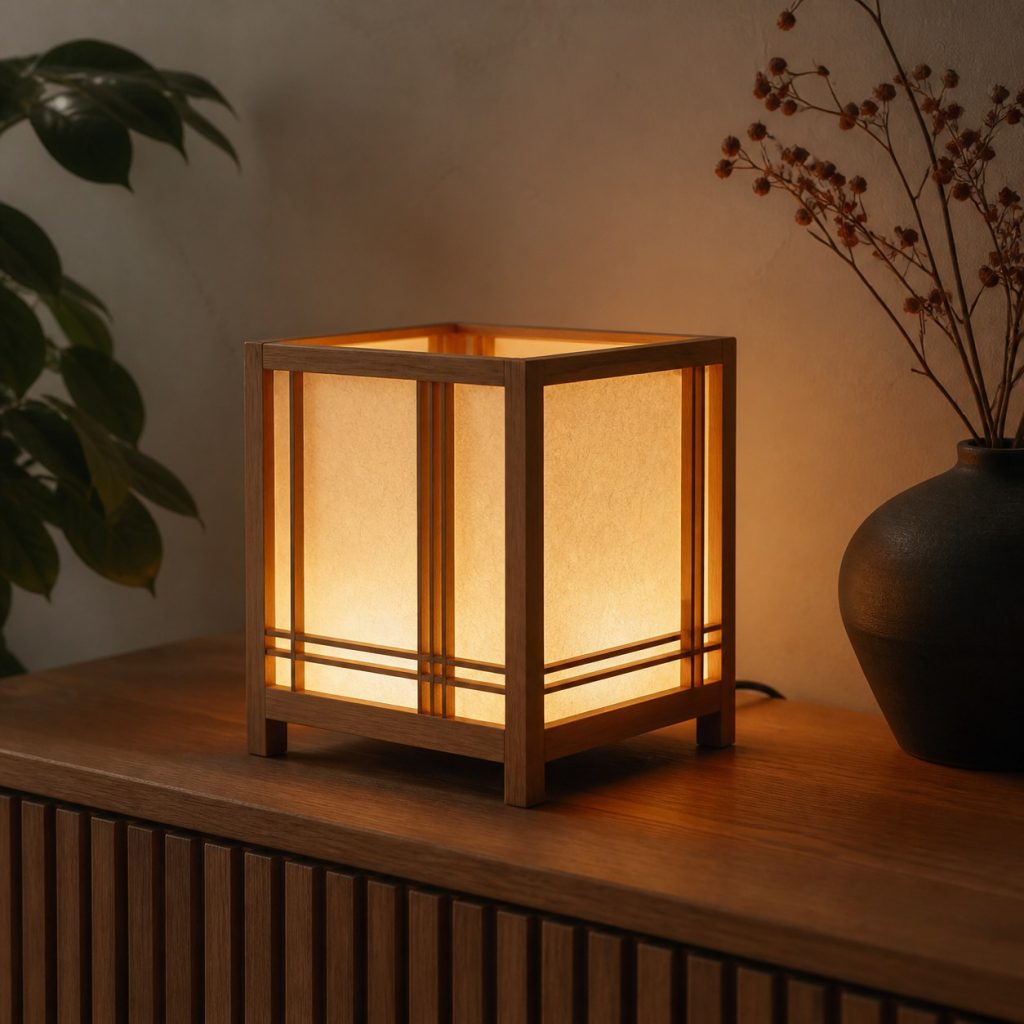 Square Shoji Console Lamp shown as an original square photorealistic Japanese-inspired shoji wood lamp with authentic wood texture, warm diffused light, and a short dark power cord
