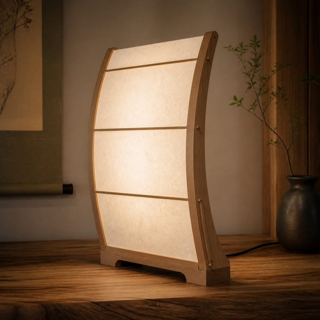 Curved Bentwood Shoji Lamp shown as an original square photorealistic Japanese-inspired shoji wood lamp with authentic wood texture, warm diffused light, and a short dark power cord