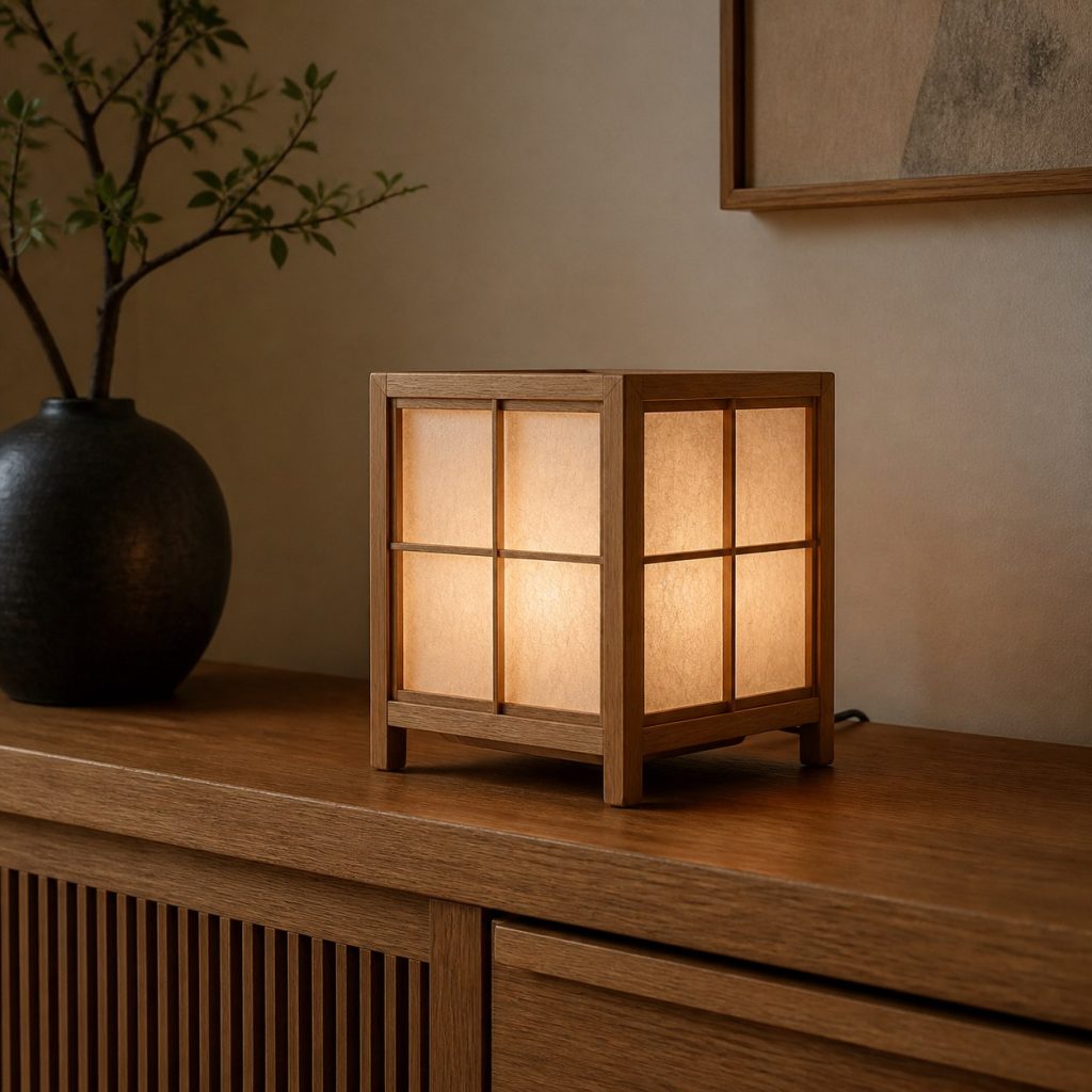 Low Shoji Mood Lamp shown as an original square photorealistic Japanese-inspired shoji wood lamp with authentic wood texture, warm diffused light, and a short dark power cord