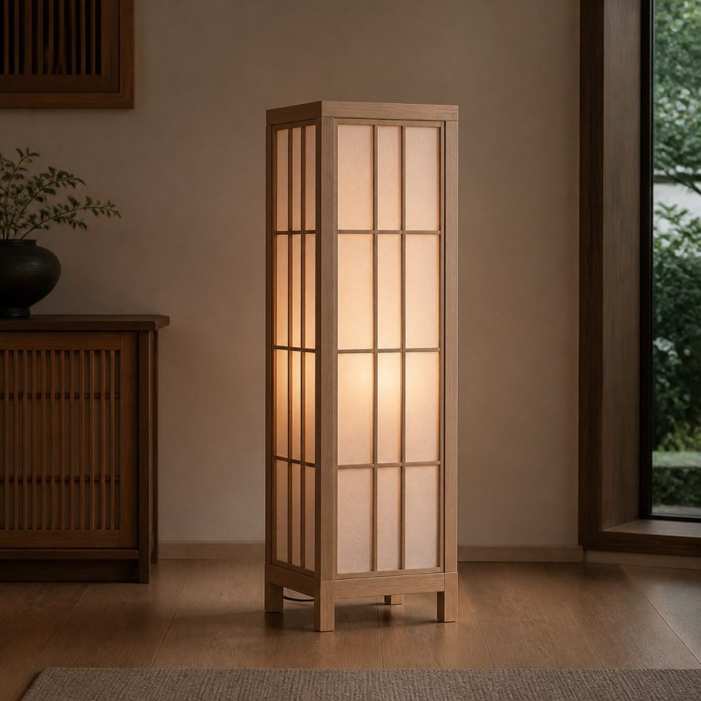 Architectural Shoji Floor Lamp shown as an original square photorealistic Japanese-inspired shoji wood lamp with authentic wood texture, warm diffused light, and a short dark power cord