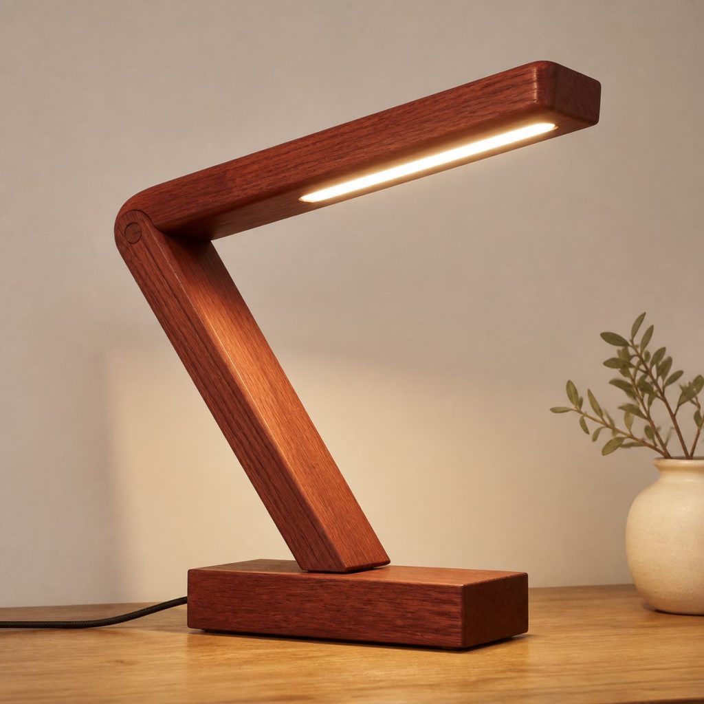 Jarrah Boomerang Desk Lamp shown as an original square photorealistic jarrah wood lamp with natural brick-red grain, distinctive construction, and warm diffused light