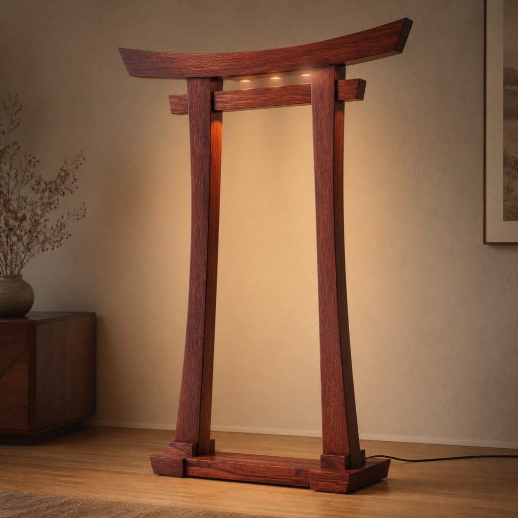 Jarrah Overhead Frame Lamp shown as an original square photorealistic jarrah wood lamp with natural brick-red grain, distinctive construction, and warm diffused light