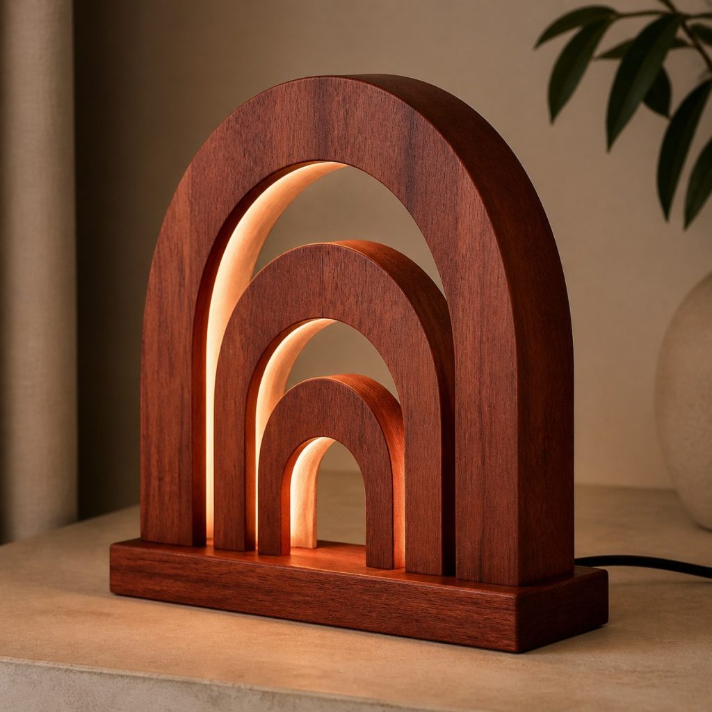 Jarrah Nested-Arch Lamp shown as an original square photorealistic jarrah wood lamp with natural brick-red grain, distinctive construction, and warm diffused light