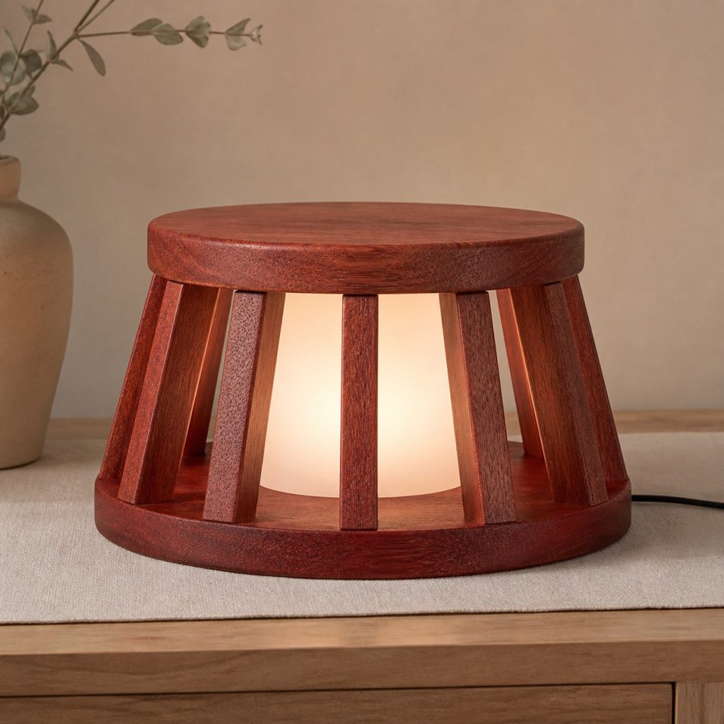 Jarrah Radial Drum Lamp shown as an original square photorealistic jarrah wood lamp with natural brick-red grain, distinctive construction, and warm diffused light