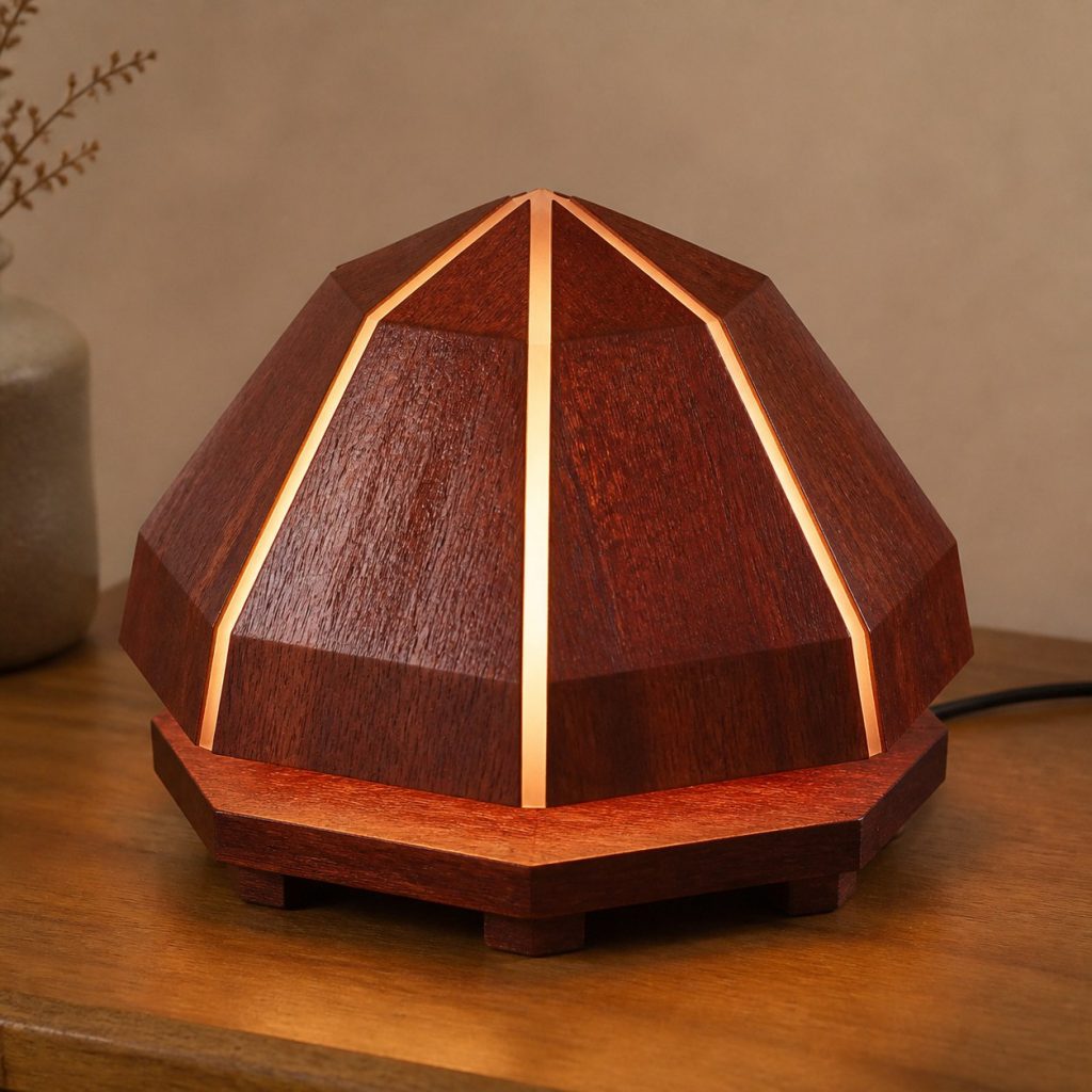 Jarrah Faceted Dome Lamp shown as an original square photorealistic jarrah wood lamp with natural brick-red grain, distinctive construction, and warm diffused light