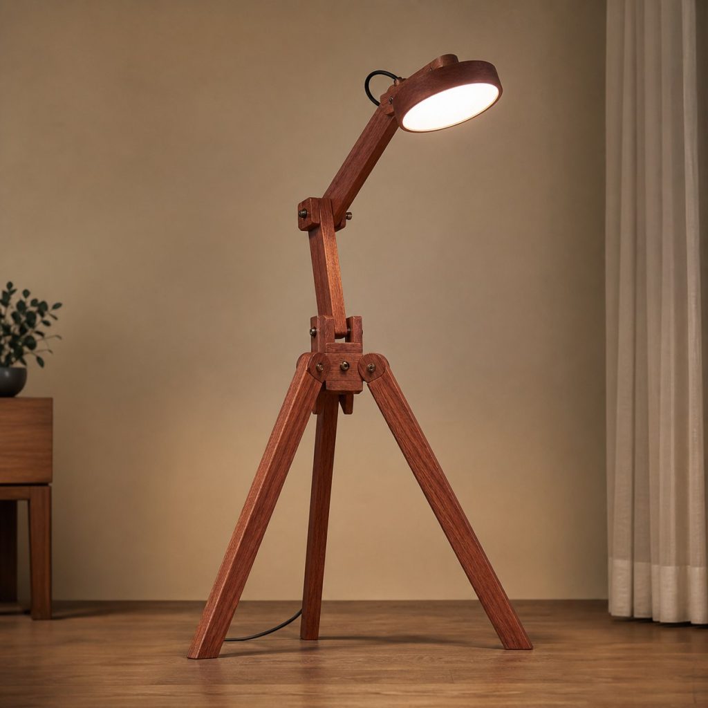 Jarrah Compass-Tripod Lamp shown as an original square photorealistic jarrah wood lamp with natural brick-red grain, distinctive construction, and warm diffused light