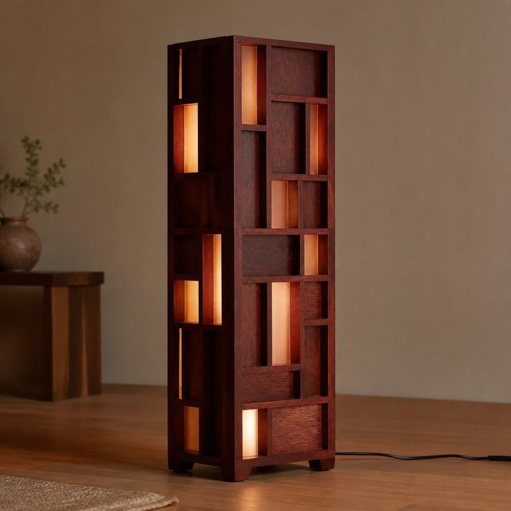 Jarrah Grid Tower Lamp shown as an original square photorealistic jarrah wood lamp with natural brick-red grain, distinctive construction, and warm diffused light