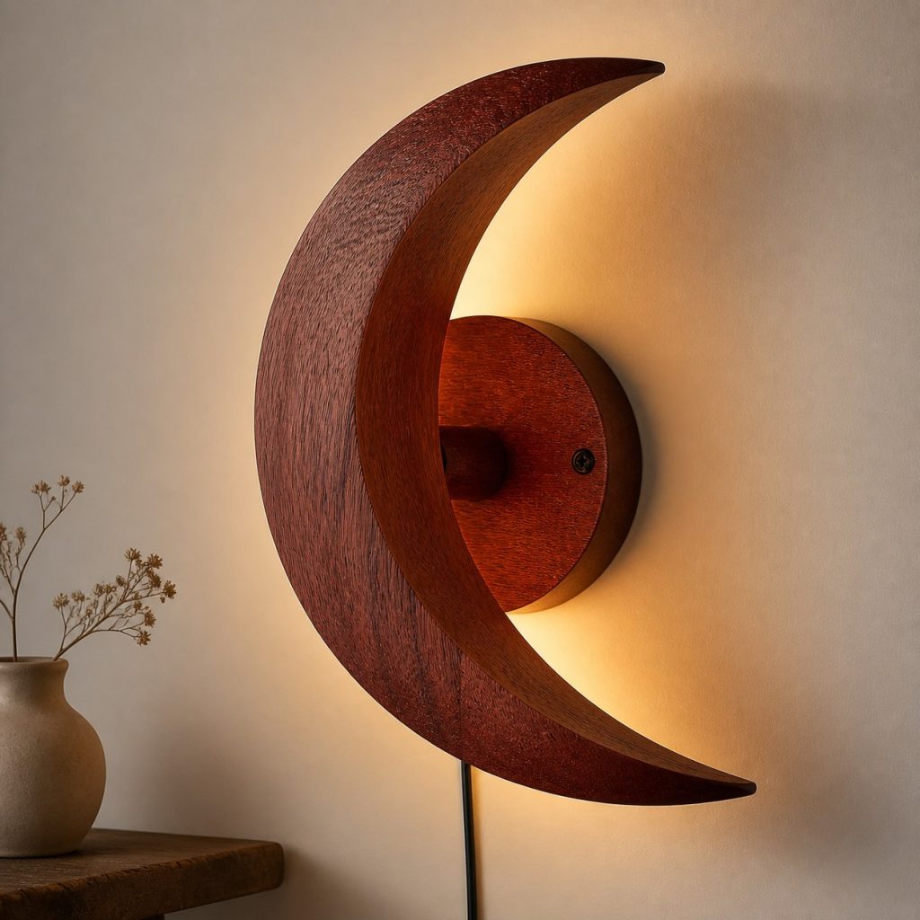 Jarrah Crescent Wall Lamp shown as an original square photorealistic jarrah wood lamp with natural brick-red grain, distinctive construction, and warm diffused light