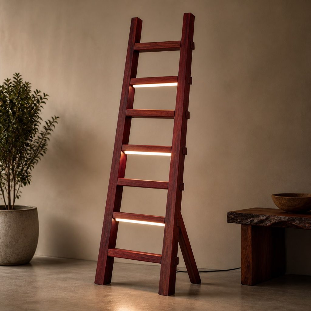 Jarrah Ladder Floor Lamp shown as an original square photorealistic jarrah wood lamp with natural brick-red grain, distinctive construction, and warm diffused light