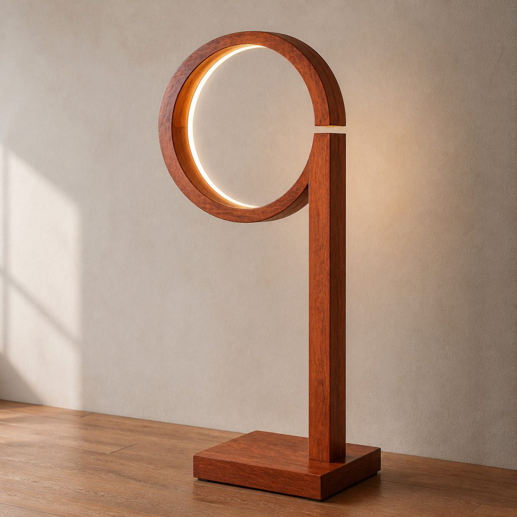 Jatoba Orbit-Post Lamp shown as an original square photorealistic jatoba wood lamp with natural orange-brown to reddish-brown grain, distinctive construction, and warm diffused light