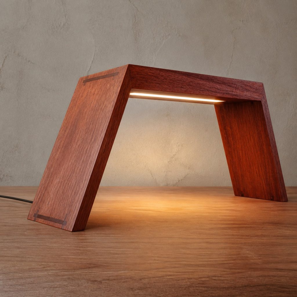 Jatoba Low-Portal Lamp shown as an original square photorealistic jatoba wood lamp with natural orange-brown to reddish-brown grain, distinctive construction, and warm diffused light