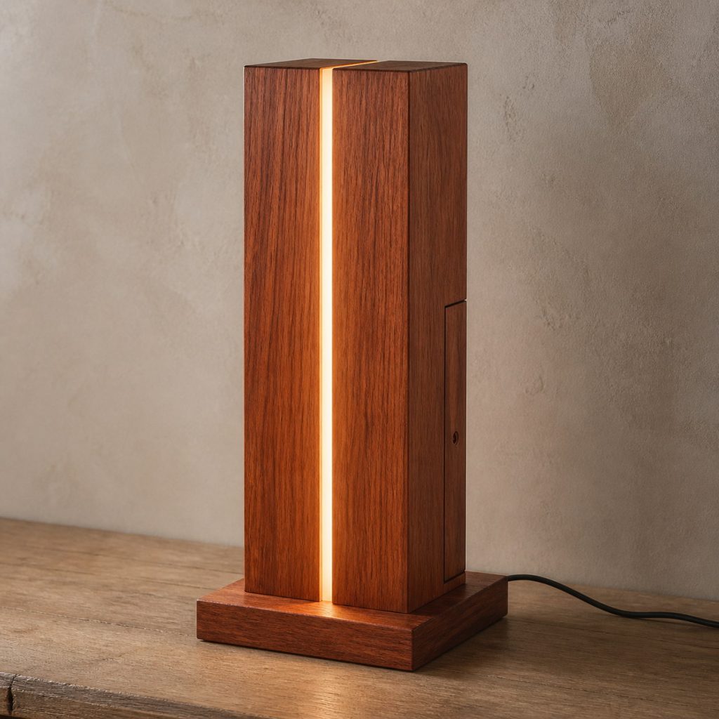 Jatoba Light-Slot Column shown as an original square photorealistic jatoba wood lamp with natural orange-brown to reddish-brown grain, distinctive construction, and warm diffused light