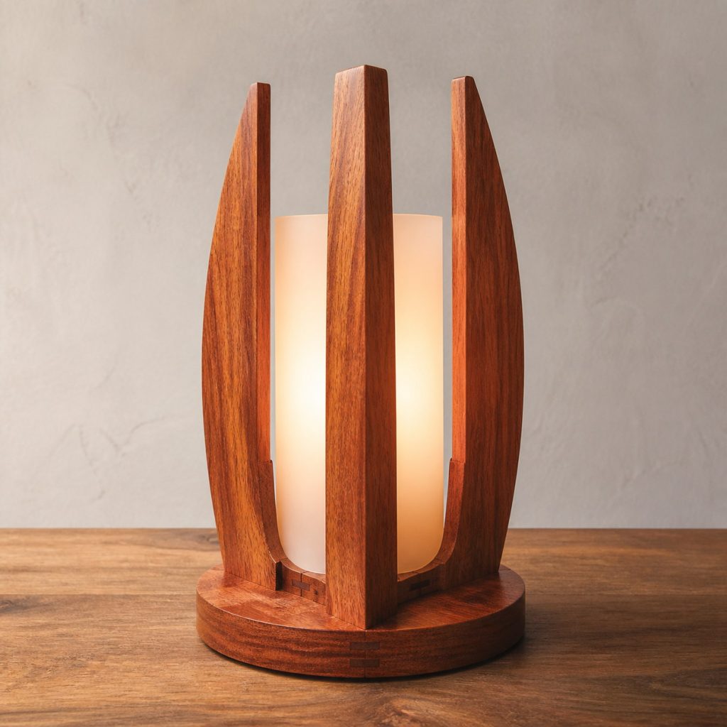 Jatoba Five-Petal Lamp shown as an original square photorealistic jatoba wood lamp with natural orange-brown to reddish-brown grain, distinctive construction, and warm diffused light