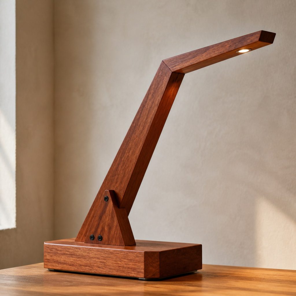 Jatoba Angled-Cantilever Lamp shown as an original square photorealistic jatoba wood lamp with natural orange-brown to reddish-brown grain, distinctive construction, and warm diffused light