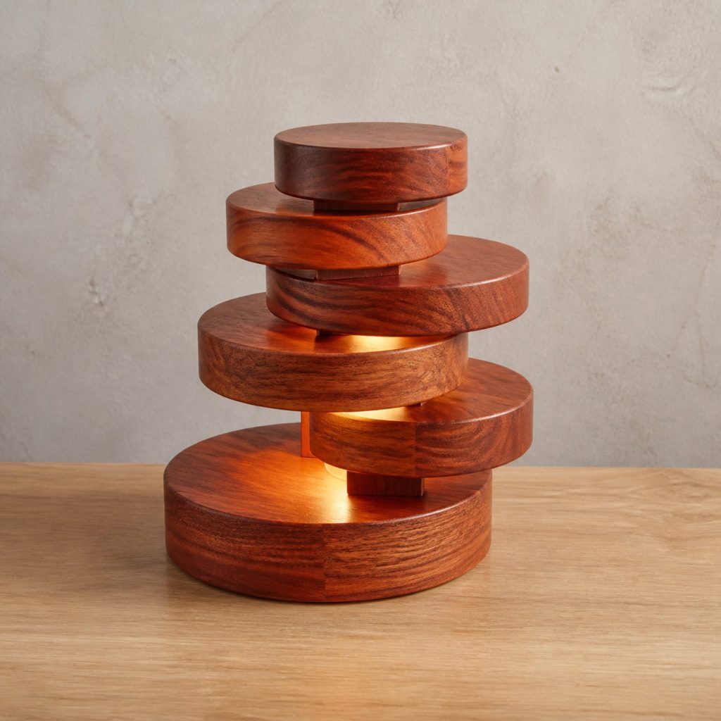 Jatoba Stacked-Disc Lamp shown as an original square photorealistic jatoba wood lamp with natural orange-brown to reddish-brown grain, distinctive construction, and warm diffused light
