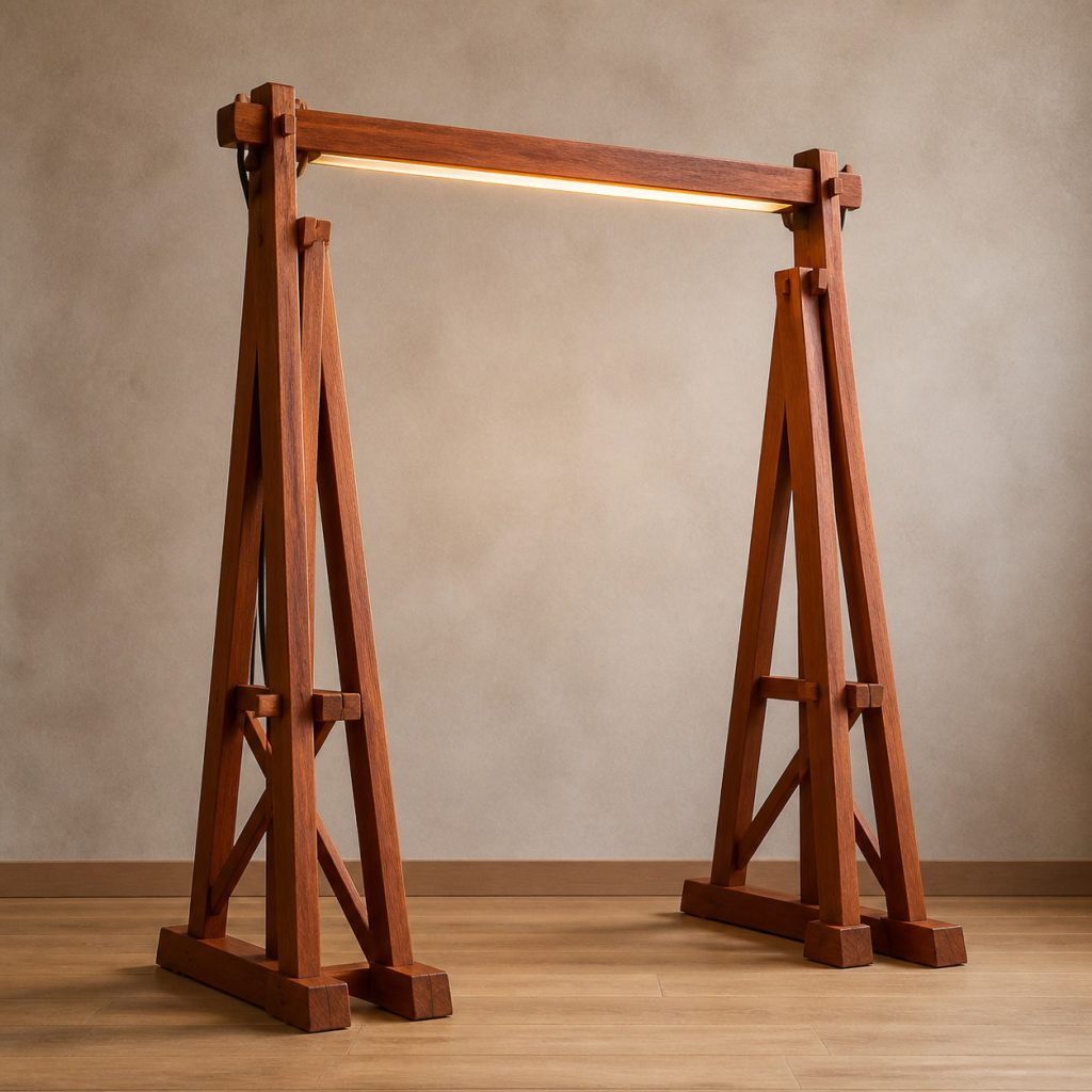 Jatoba Trestle Floor Lamp shown as an original square photorealistic jatoba wood lamp with natural orange-brown to reddish-brown grain, distinctive construction, and warm diffused light