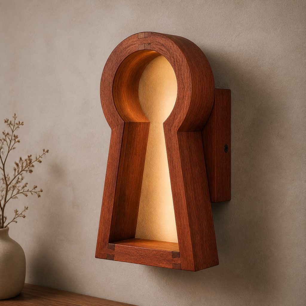 Jatoba Keyhole Wall Sconce shown as an original square photorealistic jatoba wood lamp with natural orange-brown to reddish-brown grain, distinctive construction, and warm diffused light