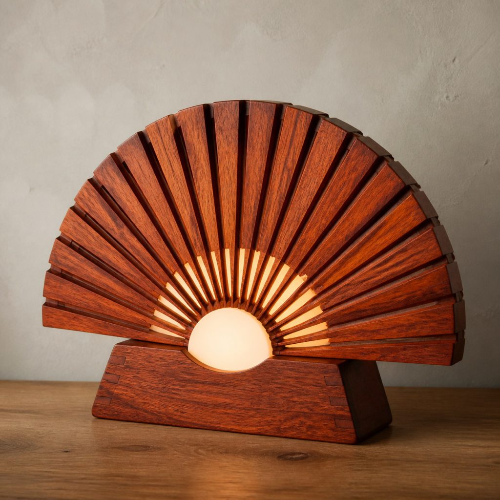Jatoba Radial-Fan Lamp shown as an original square photorealistic jatoba wood lamp with natural orange-brown to reddish-brown grain, distinctive construction, and warm diffused light