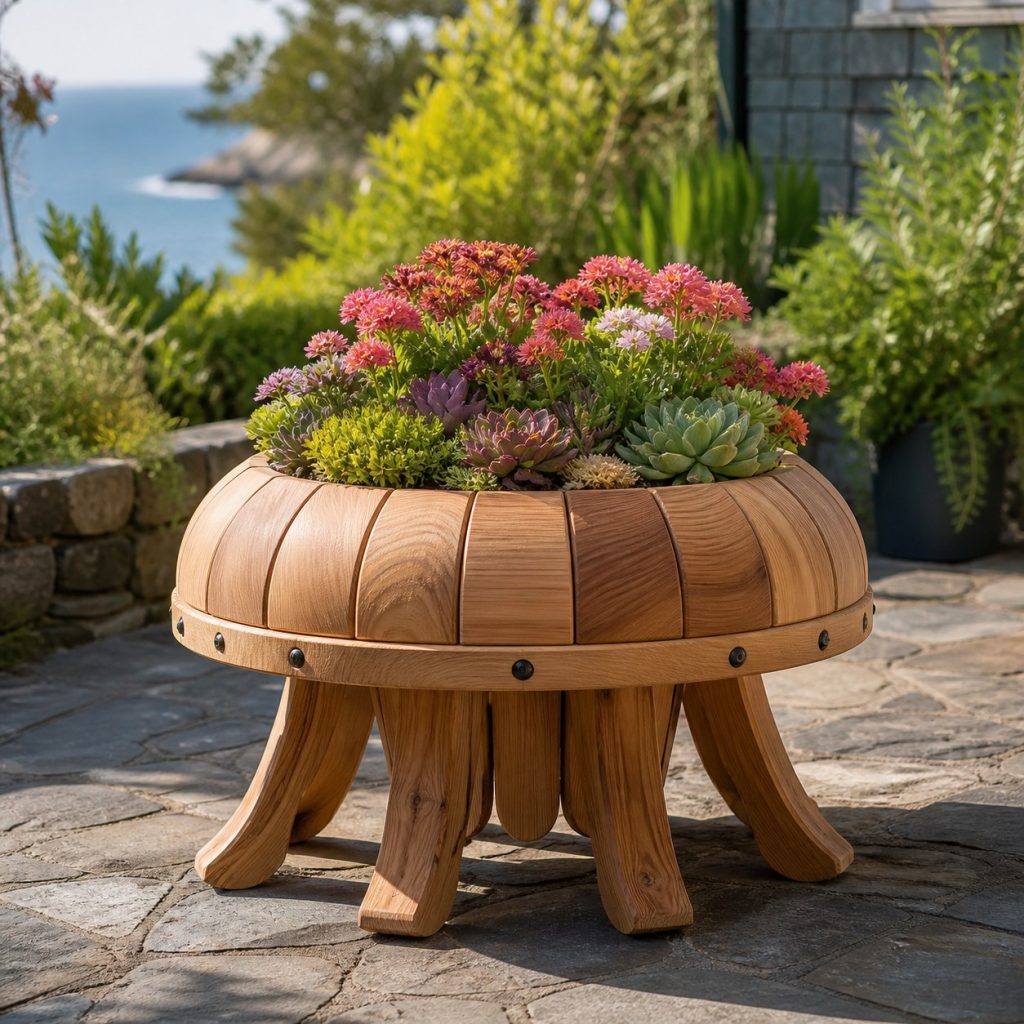 Compact Succulent Jellyfish shown as a square photorealistic cedar jellyfish-shaped garden planter filled with flowers
