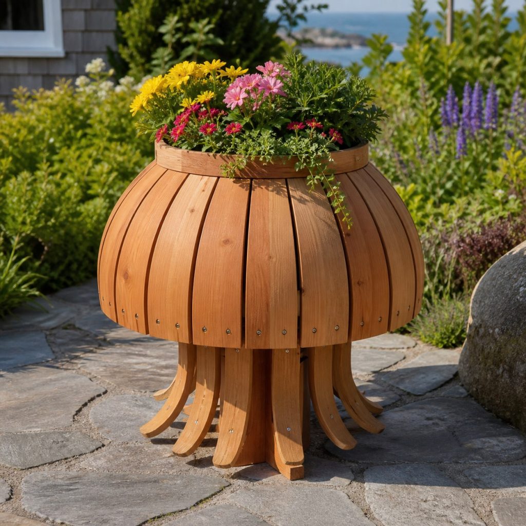 Slatted Herb-Bowl Jellyfish shown as a square photorealistic cedar jellyfish-shaped garden planter filled with flowers