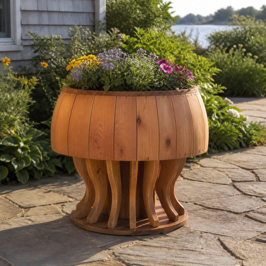 Jellyfish with Galvanized Liner shown as a square photorealistic cedar jellyfish-shaped garden planter filled with flowers