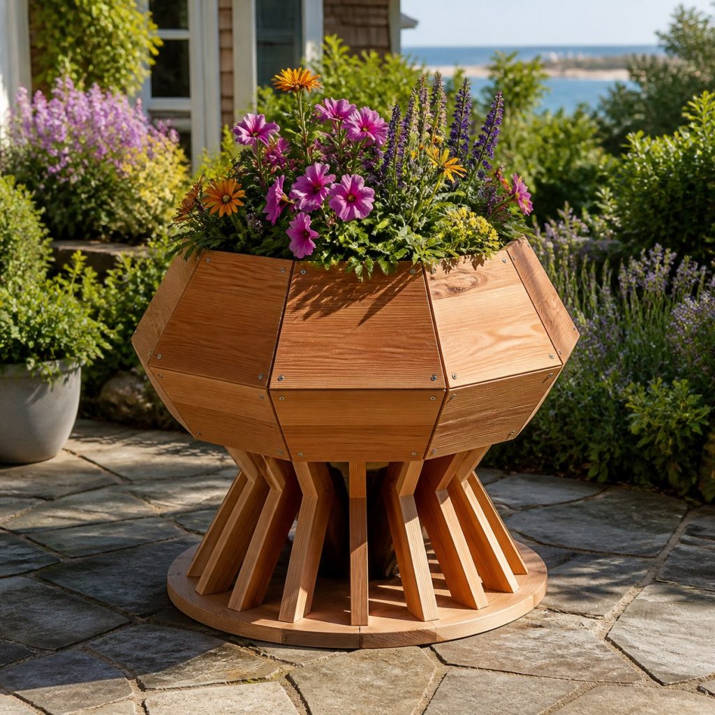 Modern Geometric Jellyfish shown as a square photorealistic cedar jellyfish-shaped garden planter filled with flowers