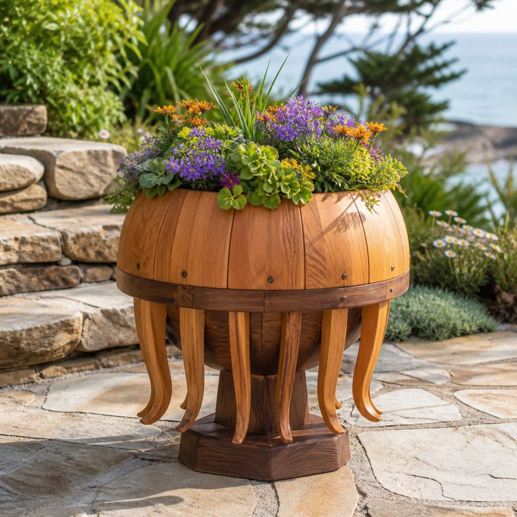Two-Tone Cedar Jellyfish shown as a square photorealistic cedar jellyfish-shaped garden planter filled with flowers