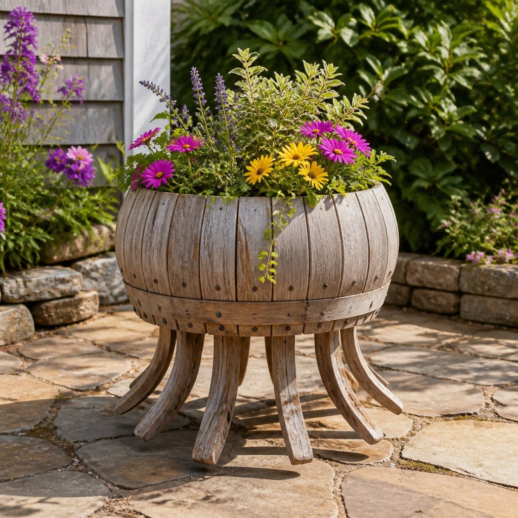 Weathered Cottage Jellyfish shown as a square photorealistic cedar jellyfish-shaped garden planter filled with flowers