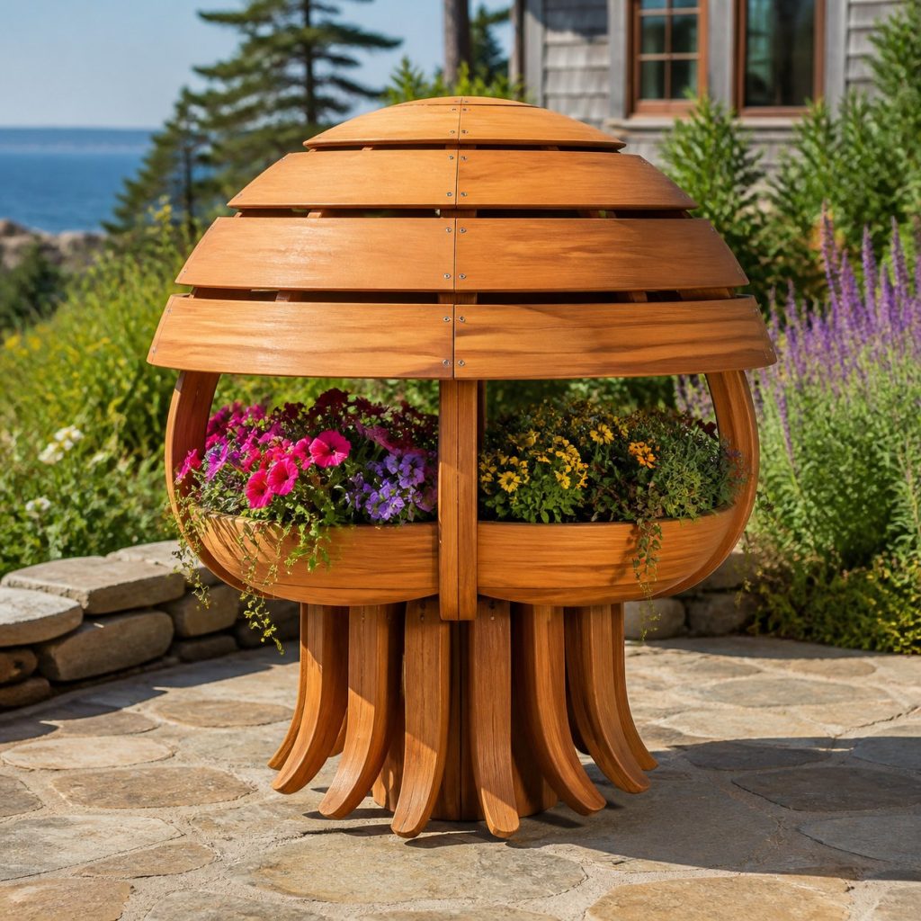 Jellyfish with Twin Flower Bowls shown as a square photorealistic cedar jellyfish-shaped garden planter filled with flowers