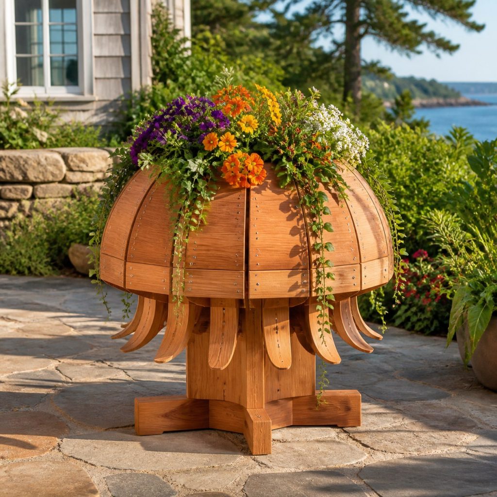 Trailing-Flower Jellyfish shown as a square photorealistic cedar jellyfish-shaped garden planter filled with flowers