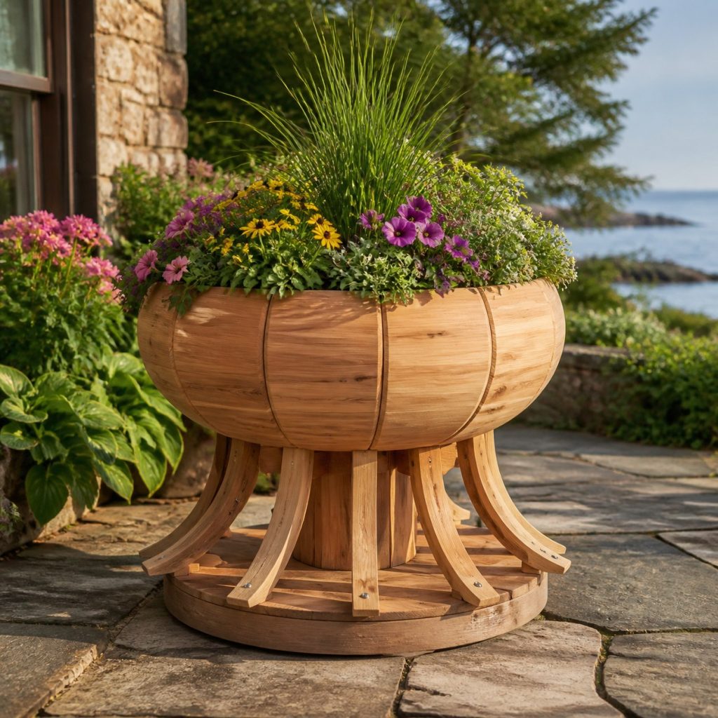 Large Grass-Filled Jellyfish shown as a square photorealistic cedar jellyfish-shaped garden planter filled with flowers