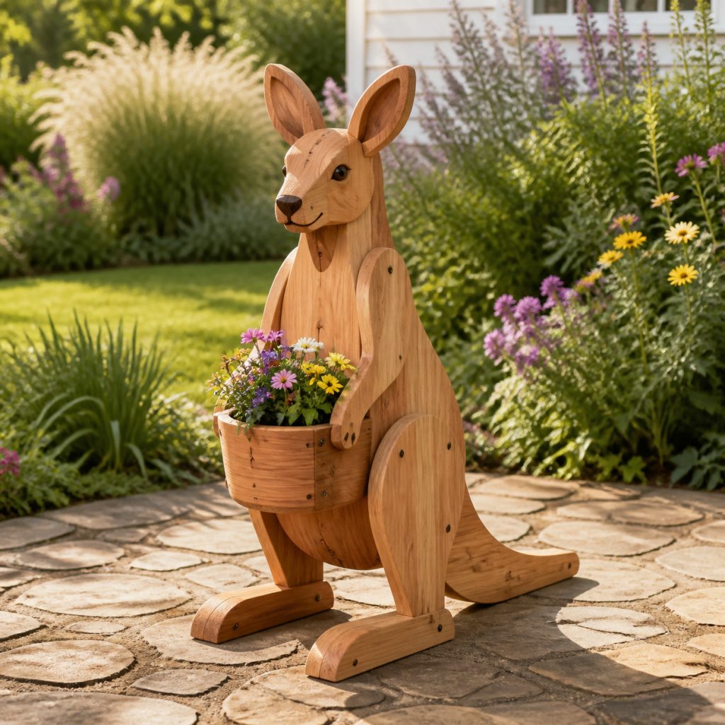 Compact Kangaroo Joey Planter shown as a square photorealistic cedar garden planter filled with cottage flowers