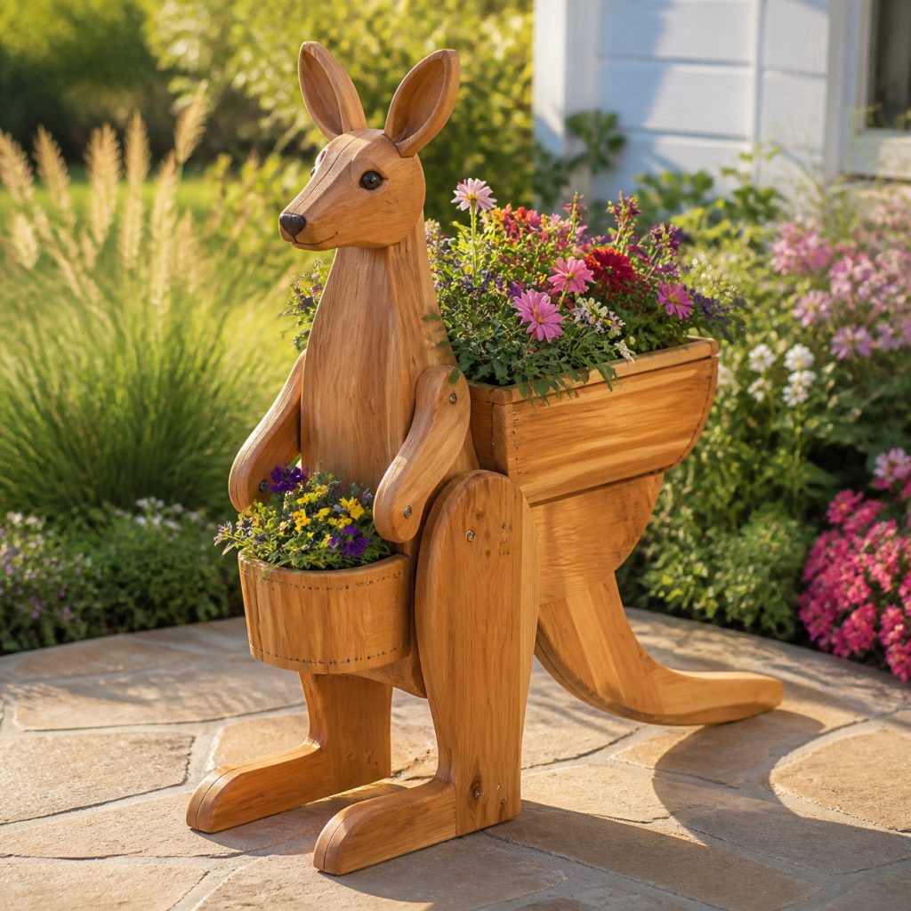 Kangaroo with Back Trough shown as a square photorealistic cedar garden planter filled with cottage flowers