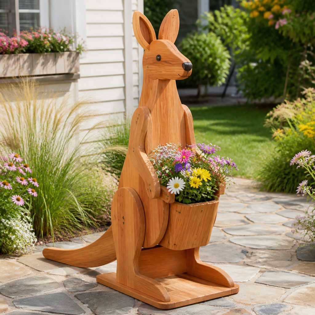 Tail-Braced Garden Kangaroo shown as a square photorealistic cedar garden planter filled with cottage flowers