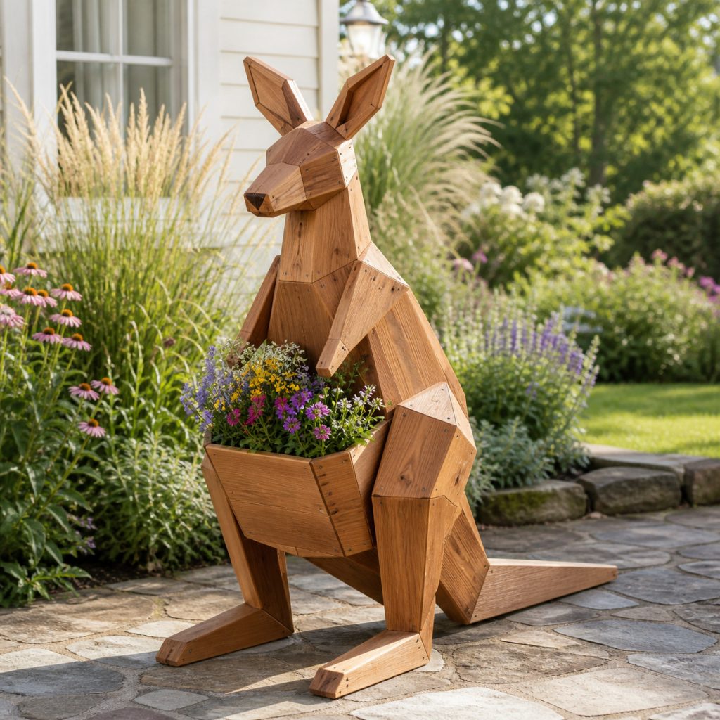 Modern Geometric Kangaroo shown as a square photorealistic cedar garden planter filled with cottage flowers