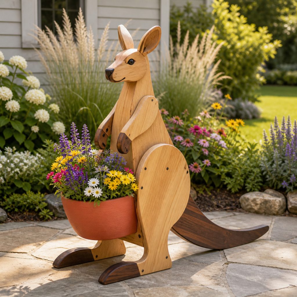 Two-Tone Cedar Kangaroo shown as a square photorealistic cedar garden planter filled with cottage flowers