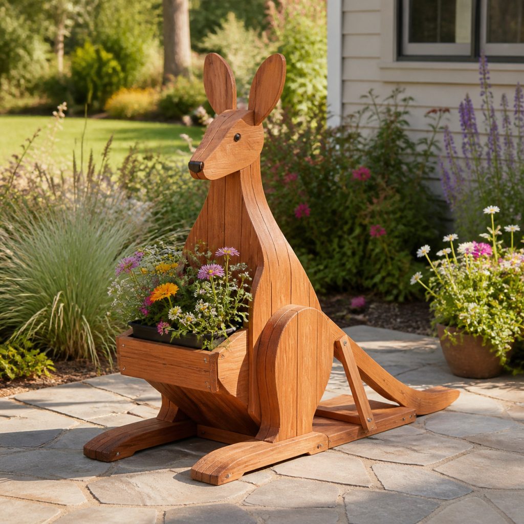 Low Broad-Base Kangaroo shown as a square photorealistic cedar garden planter filled with cottage flowers
